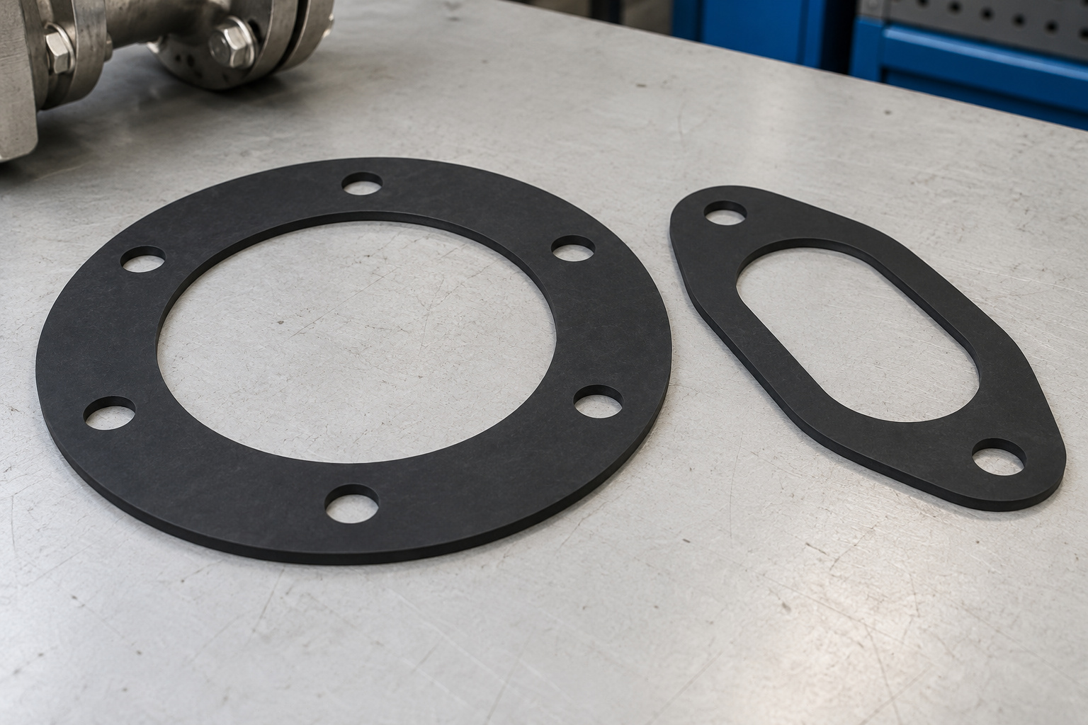 Flat black rubber flange gaskets with central openings and bolt holes.
