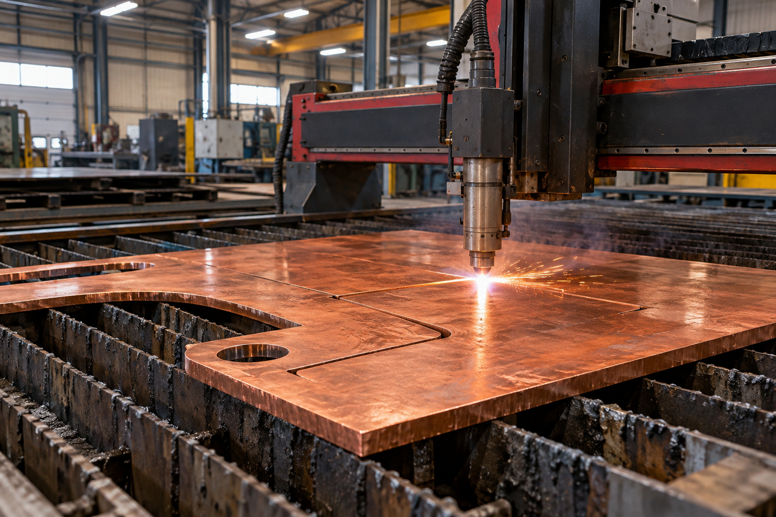 CNC plasma torch cutting a copper plate on an industrial cutting table