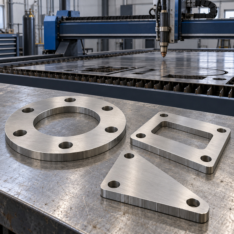 Stainless steel flange, mounting plate, and gusset blanks displayed in front of a CNC plasma cutting table.