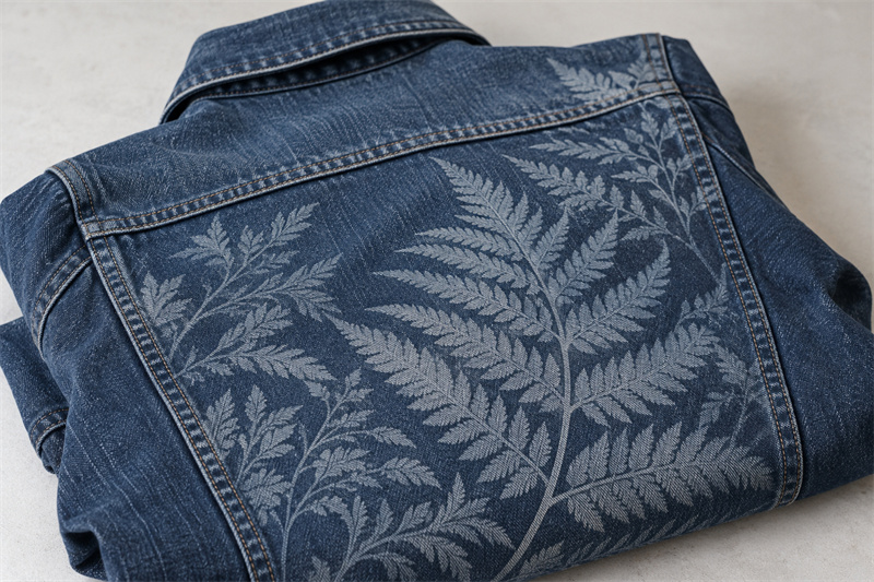 Botanical pattern laser engraved on an indigo denim jacket with a faded surface effect.