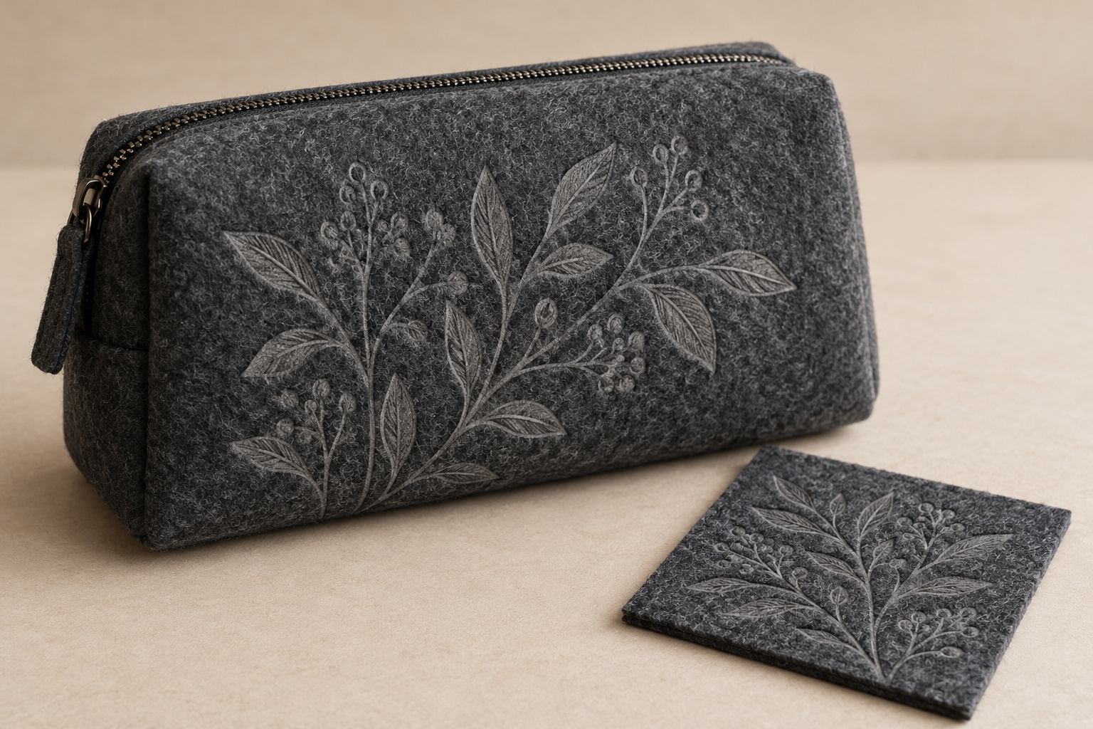 Charcoal felt pouch and matching sample with botanical surface engraving.