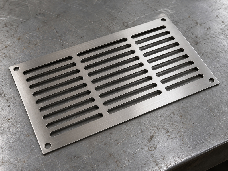 Stainless steel ventilation guard panel with rounded slots and corner mounting holes