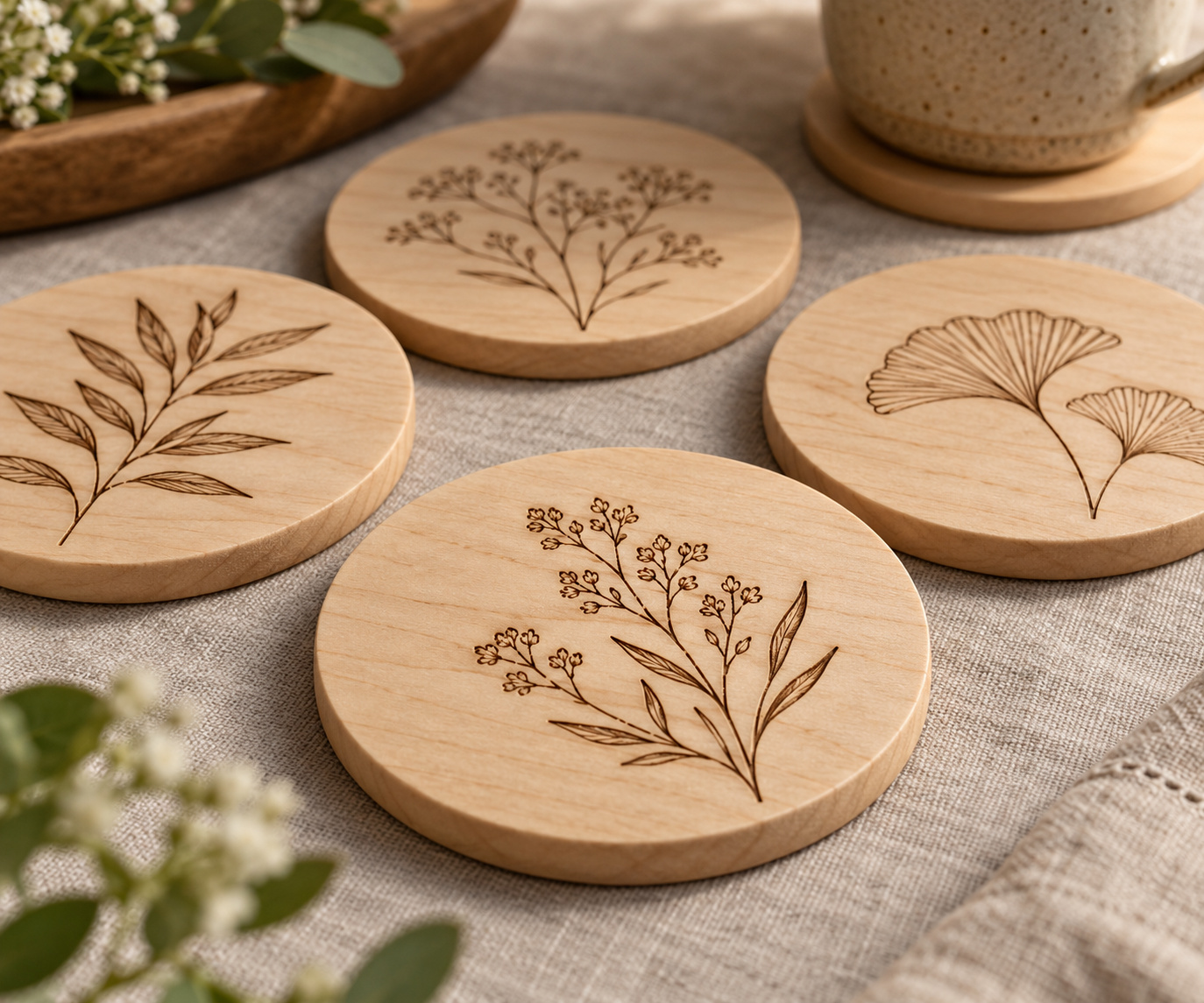 Round wooden coasters with botanical laser-engraved designs and visible natural grain.