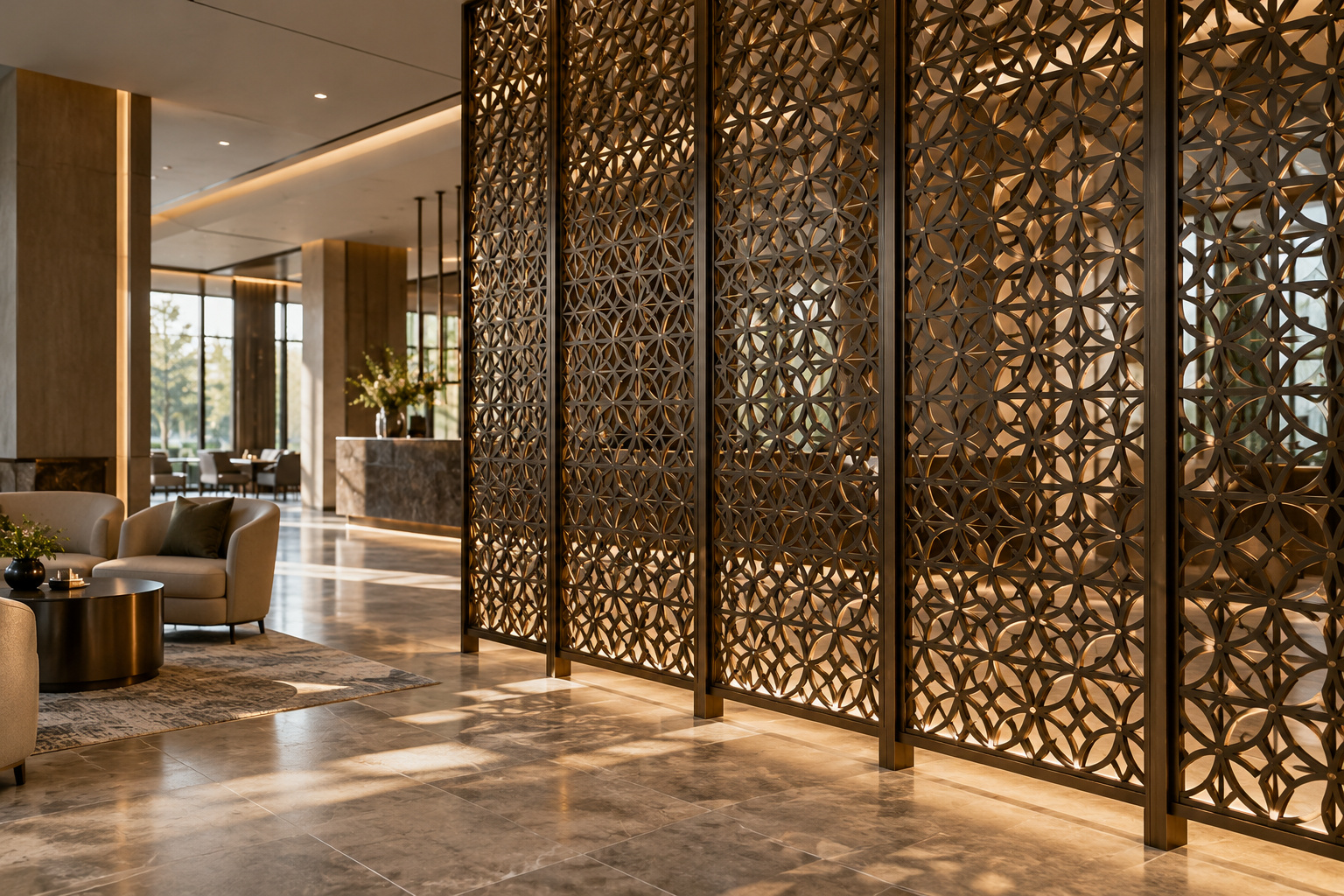 Geometric laser-cut metal partition panels in a contemporary hotel lobby.