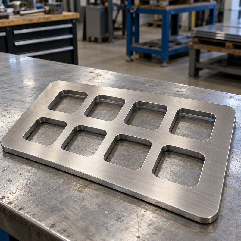 Stainless steel equipment guard panel blank with large rounded rectangular ventilation openings.