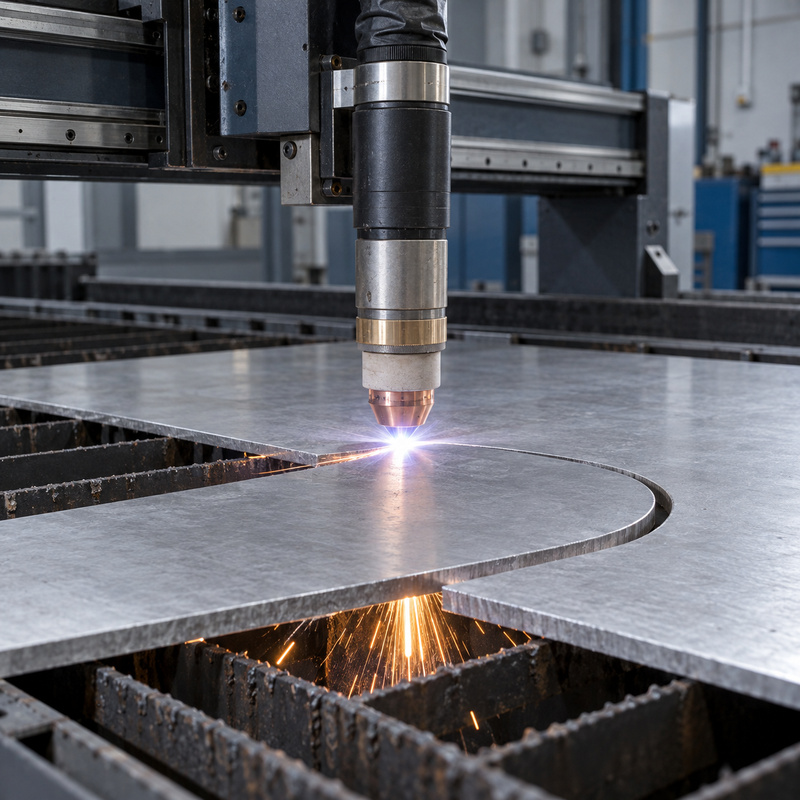 CNC plasma torch cutting an aluminum plate on a dry slatted cutting bed