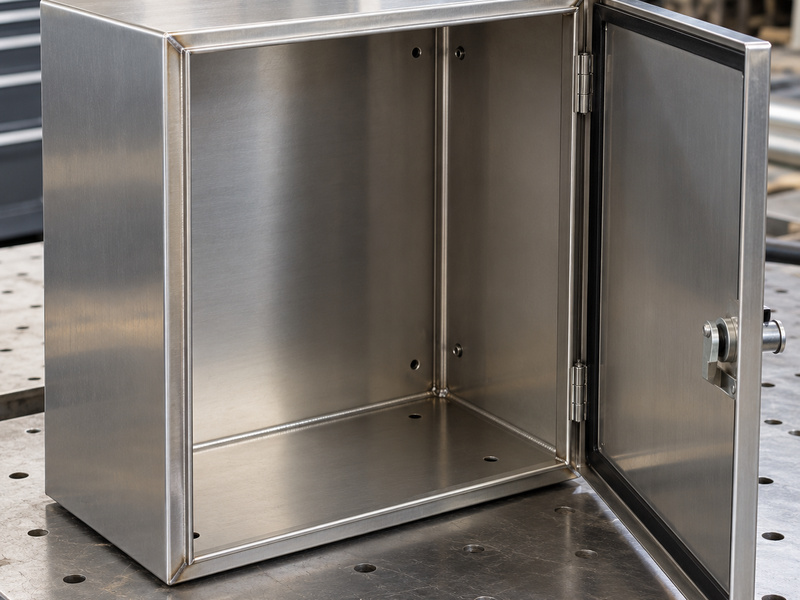 Open stainless steel cabinet showing welded sheet metal corners