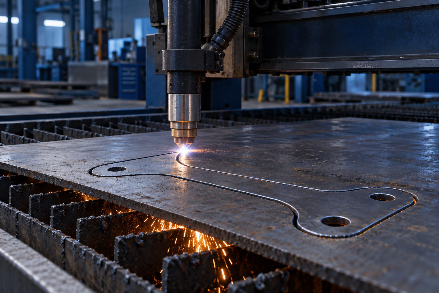 CNC plasma torch cutting a steel plate on a slatted cutting table