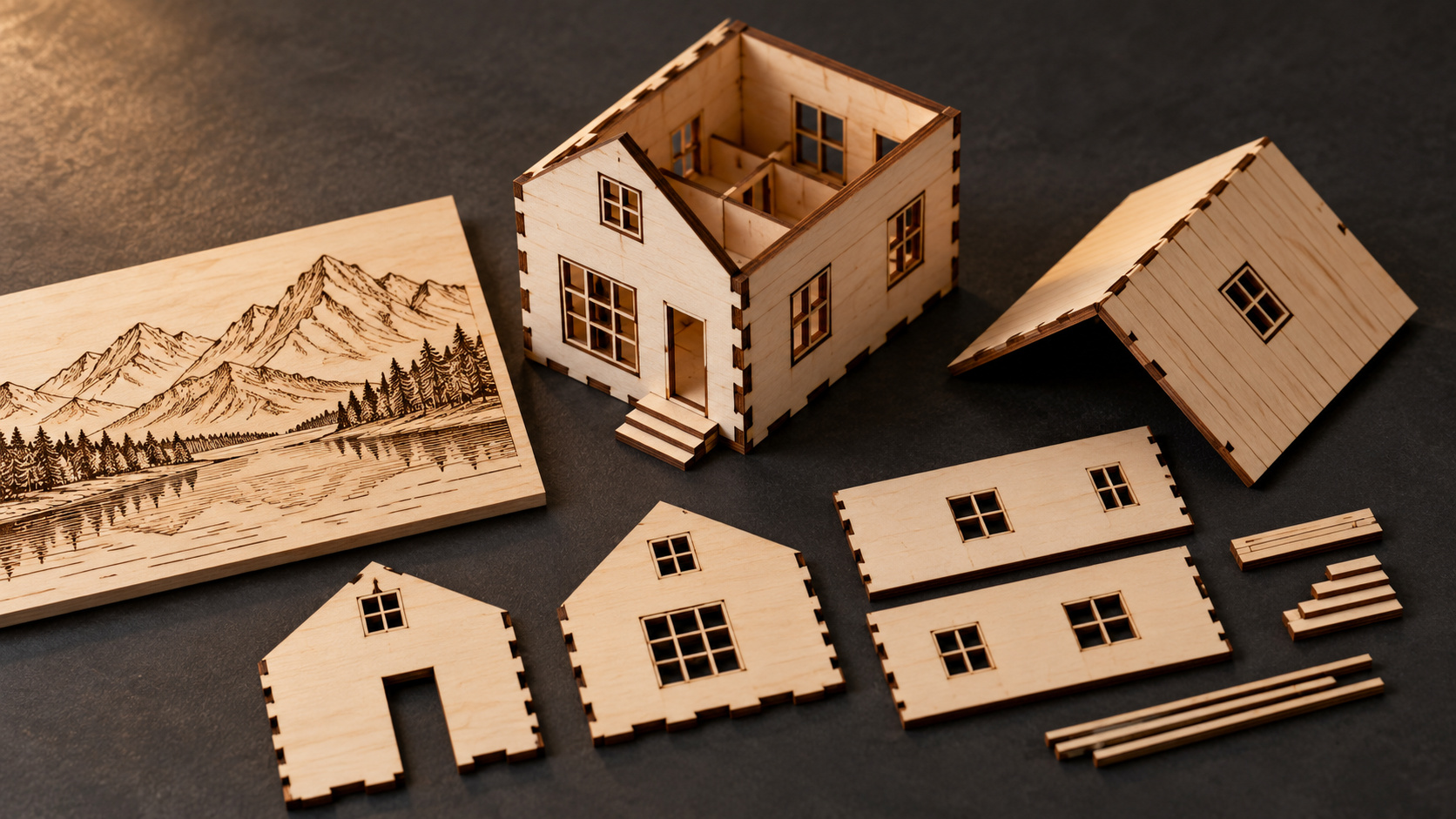 Laser-cut plywood house model and components beside a wooden panel engraved with a mountain landscape.