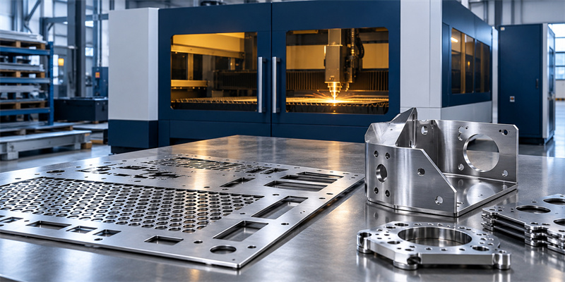 Enclosed fiber laser cutting machine with fabricated sheet metal components in a workshop.
