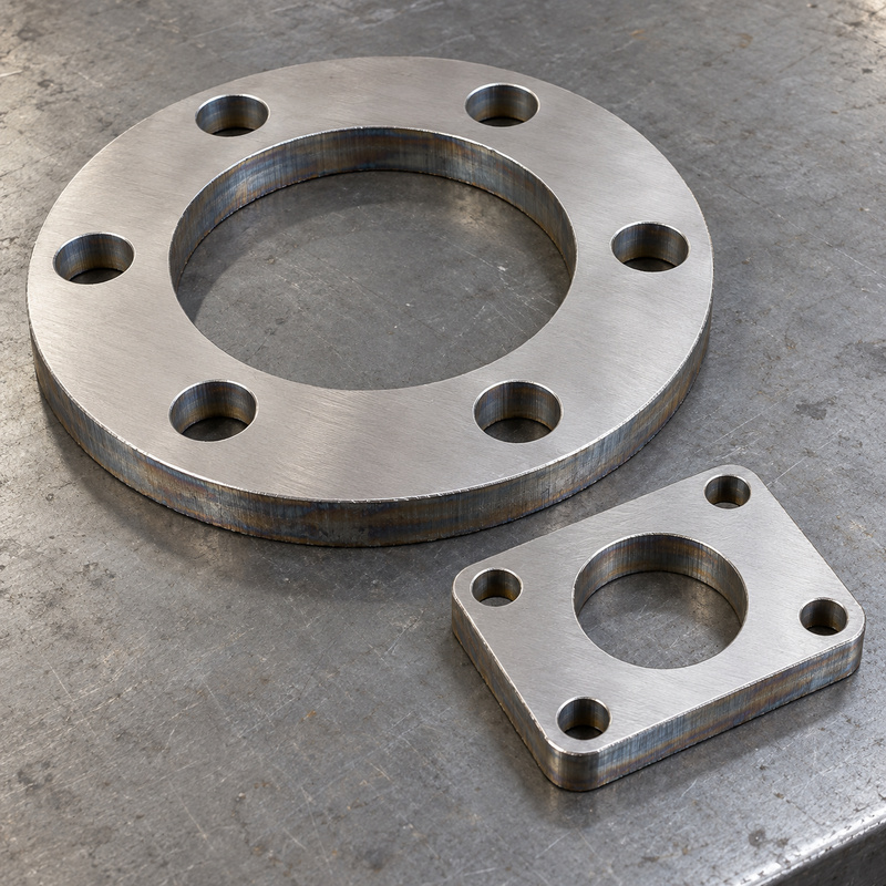Stainless steel flange blanks with central openings, bolt holes, and visible thermal cut edges.