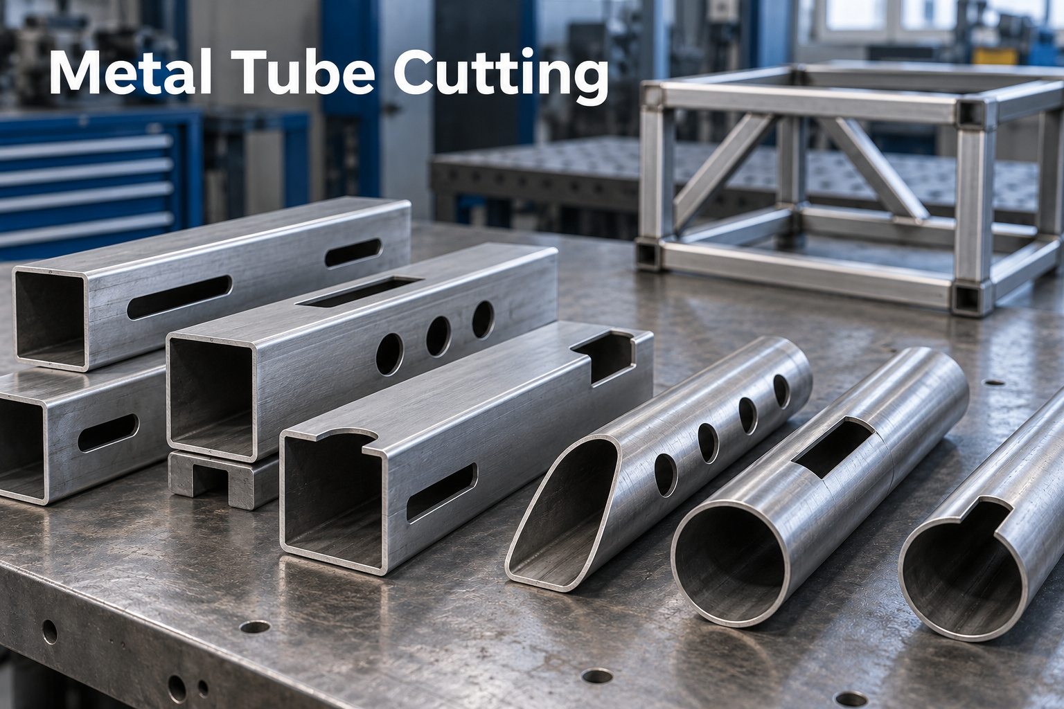 Illustration of square and round metal tubes with cut holes, slots, and connection profiles on a workshop table