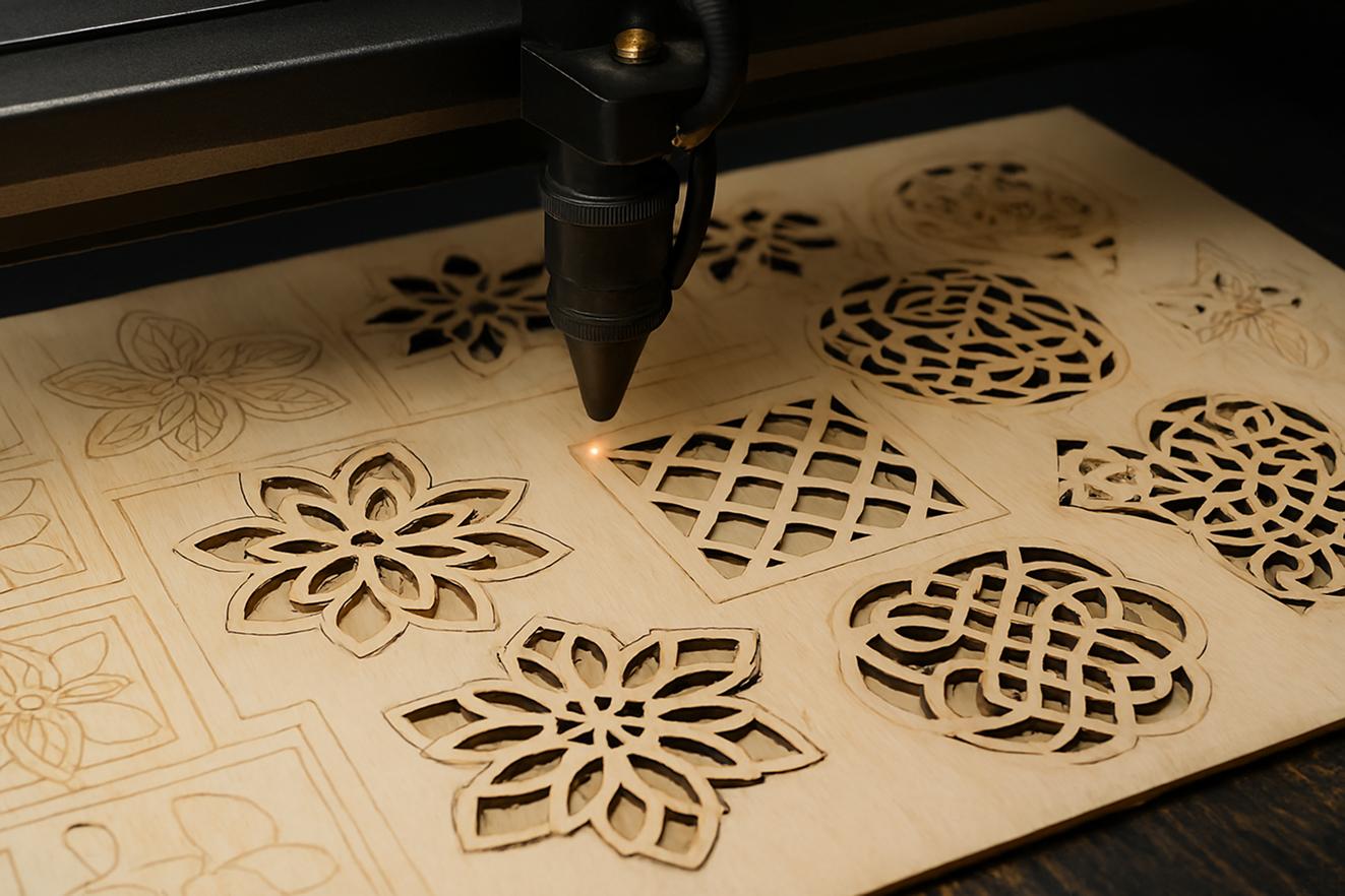 precision-plywood-laser-cutting CO2 laser cutting intricate decorative patterns in plywood