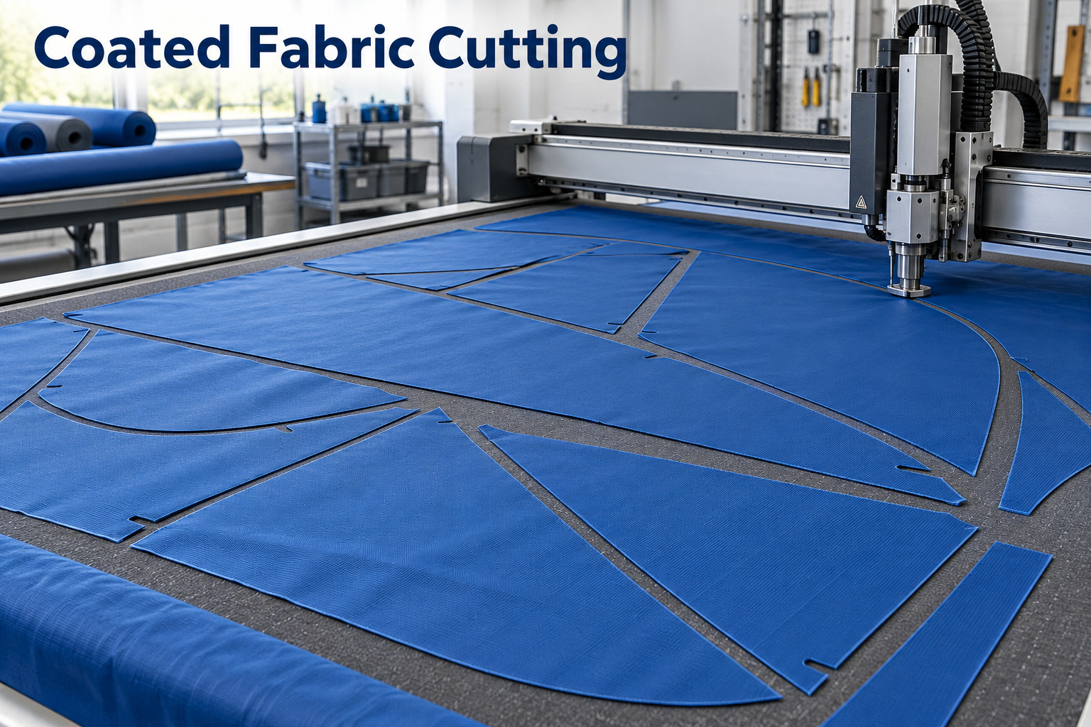 Illustration of blue coated fabric cut into nested pattern panels on a CNC flatbed cutting table.