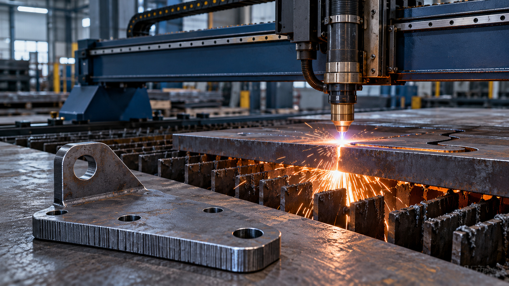 CNC plasma cutting machine cutting thick steel plate with a fabricated steel bracket in the foreground