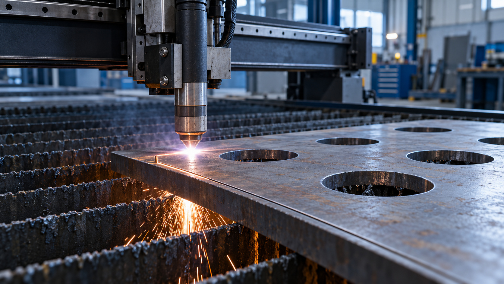 CNC plasma torch cutting the outer contour of a steel plate with circular openings