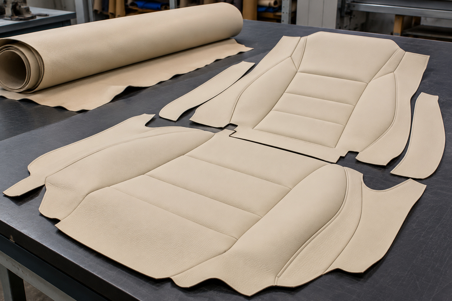 Cream leather seat and backrest upholstery panels with stitched sections on a cutting table