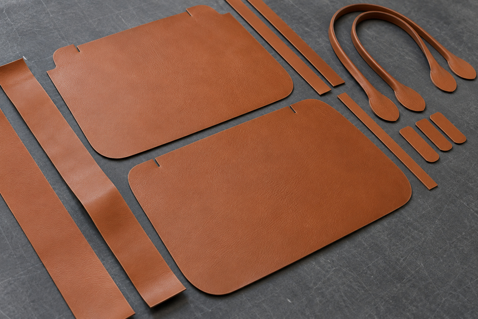 Brown leather handbag panels, gusset strips, and strap blanks arranged on a cutting table