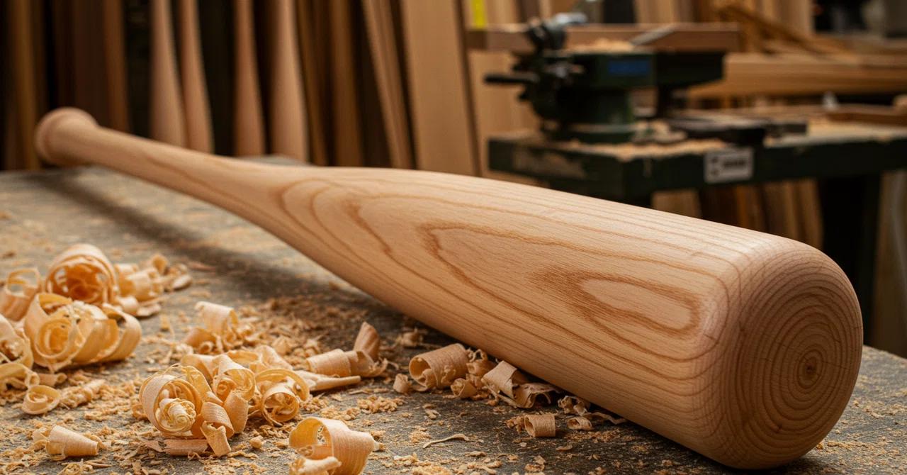 Finished wooden baseball bats made with CNC wood turning