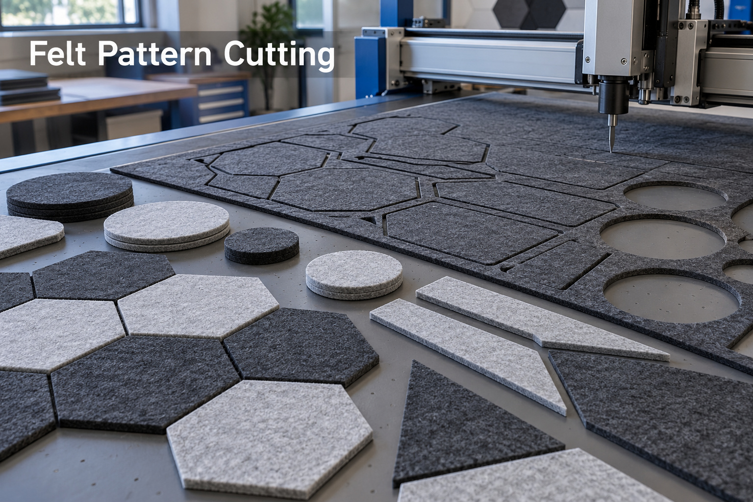 Illustration of geometric felt panels and round protective pads cut from gray felt sheets on a digital cutting table