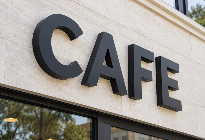Black painted dimensional metal CAFE letters mounted on a storefront wall
