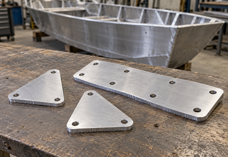 Aluminum gusset and support plate blanks on a boat fabrication workbench