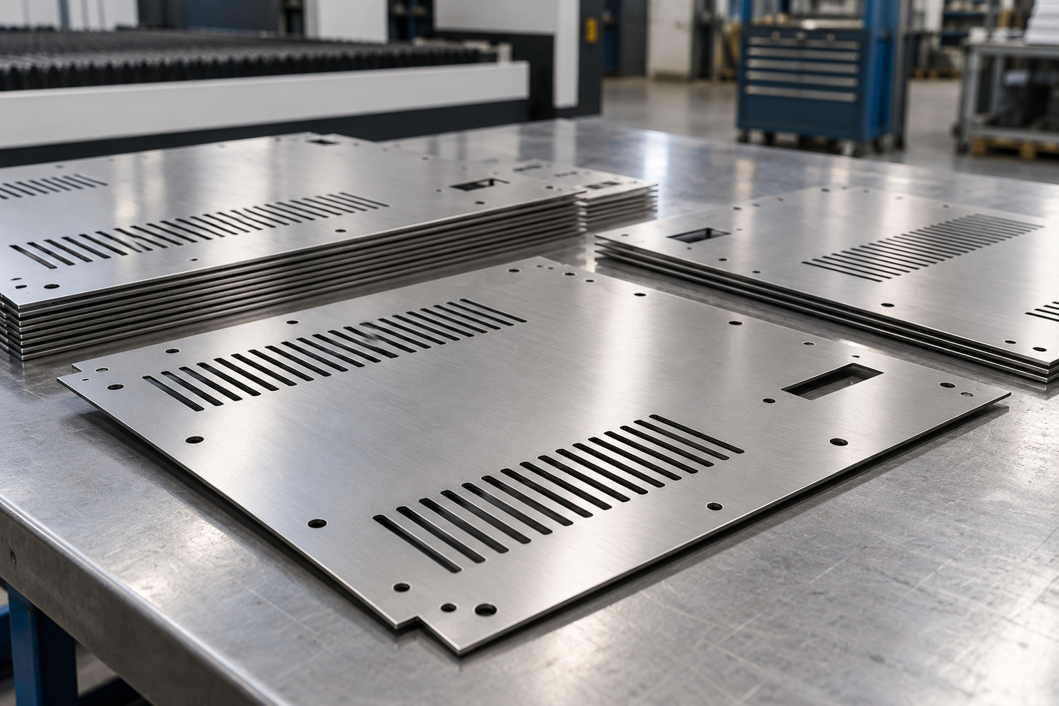 Laser-cut stainless steel equipment panels with ventilation slots and mounting holes