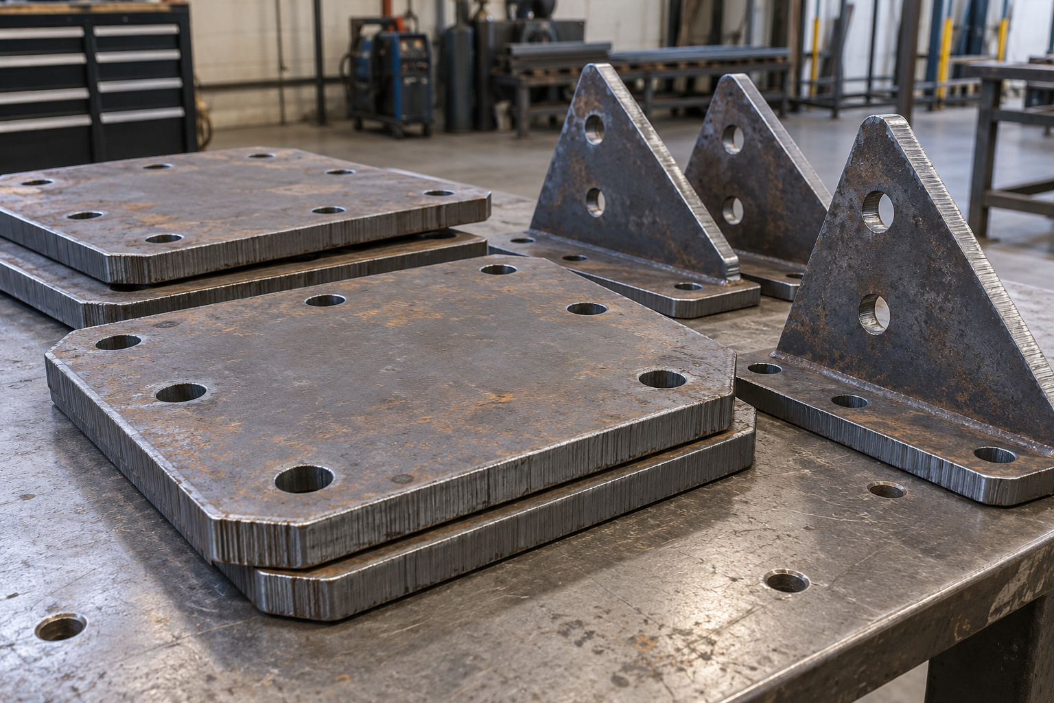 Steel base plates and gusset brackets illustrating plasma cutting applications