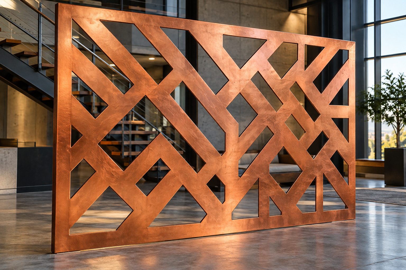 Copper decorative panel with geometric cutouts in a modern interior