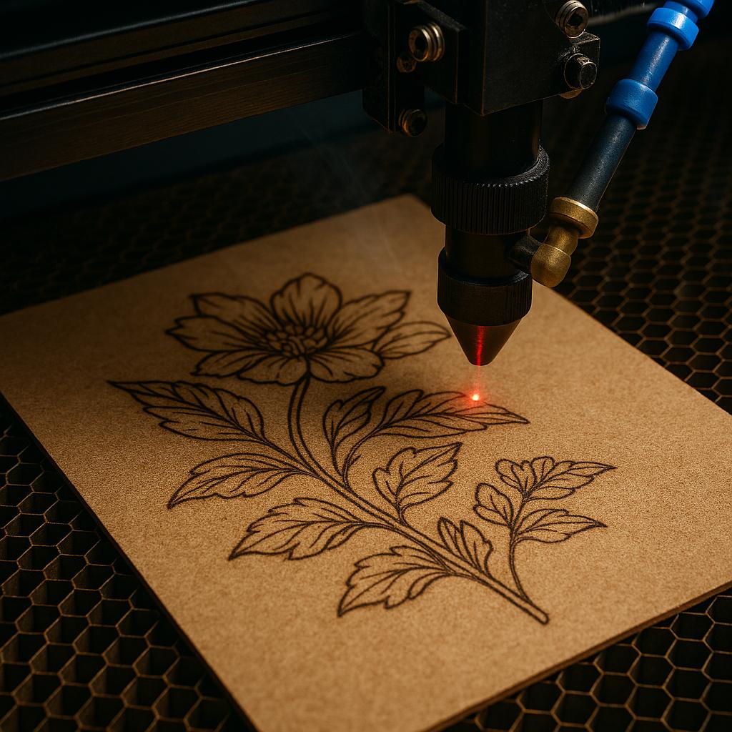 CO2 laser engraving machine engraving a decorative pattern on an MDF board co2-laser-engraving-mdf-process