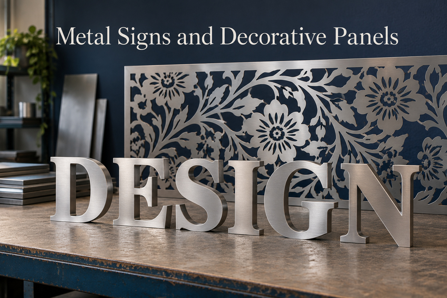 Illustration of brushed metal letters spelling DESIGN beside a floral laser-cut decorative panel