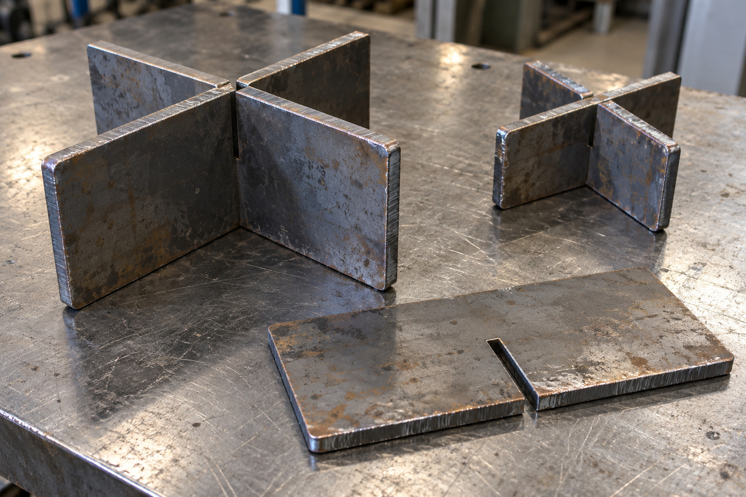 Slotted steel plates assembled into cross-shaped supports illustrating dimensional fit