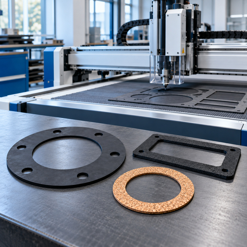 Flat rubber, foam, and cork-rubber gaskets displayed in front of a CNC oscillating knife cutting table.