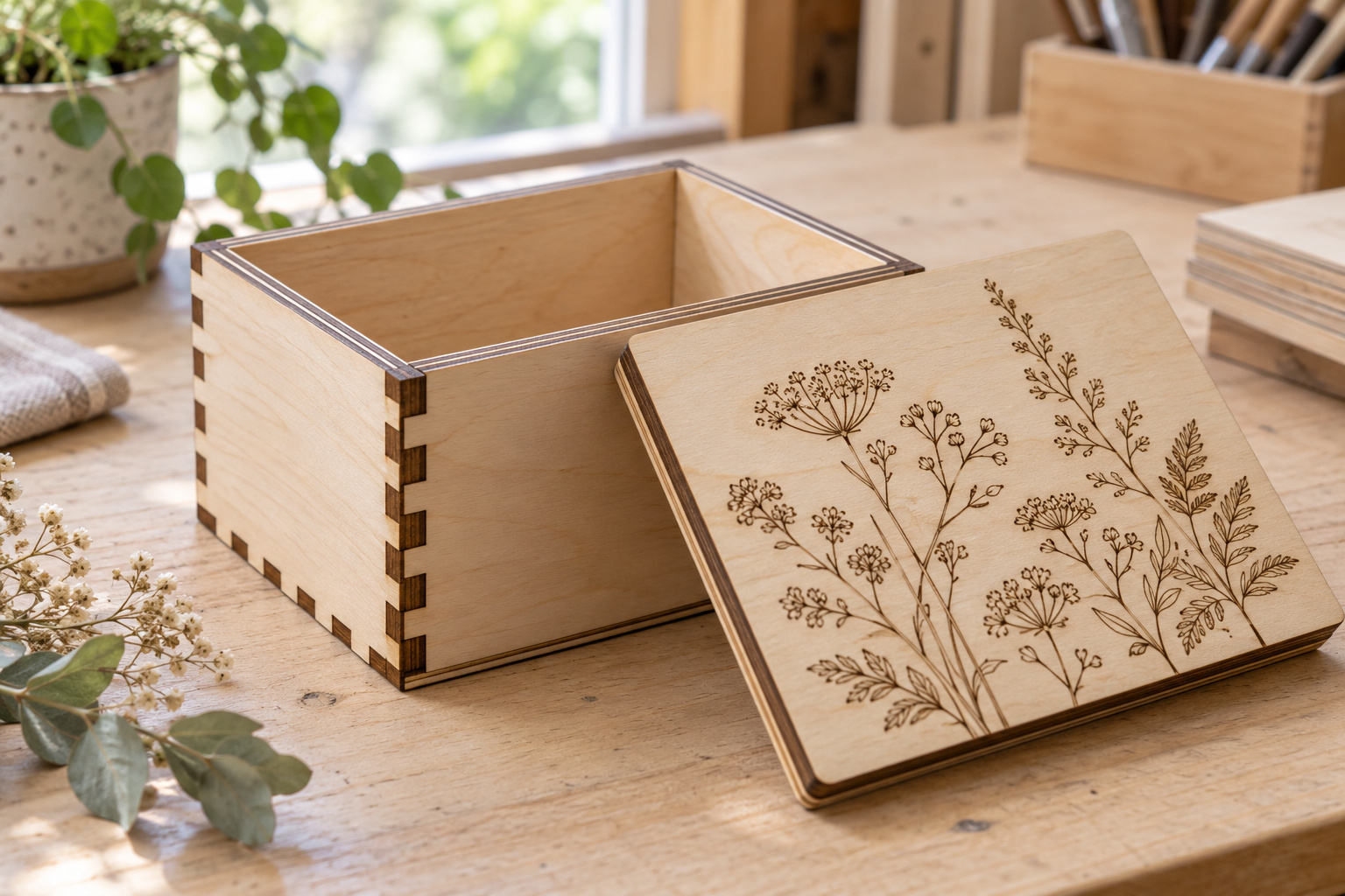 Plywood keepsake box with finger joints and a botanical laser-engraved lid.