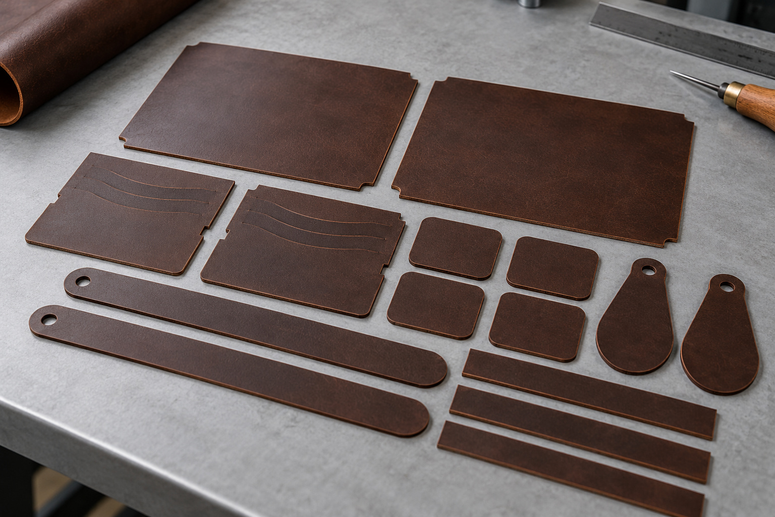 Dark brown leather wallet panels, card-slot pieces, key-fob blanks, and straps on a workbench