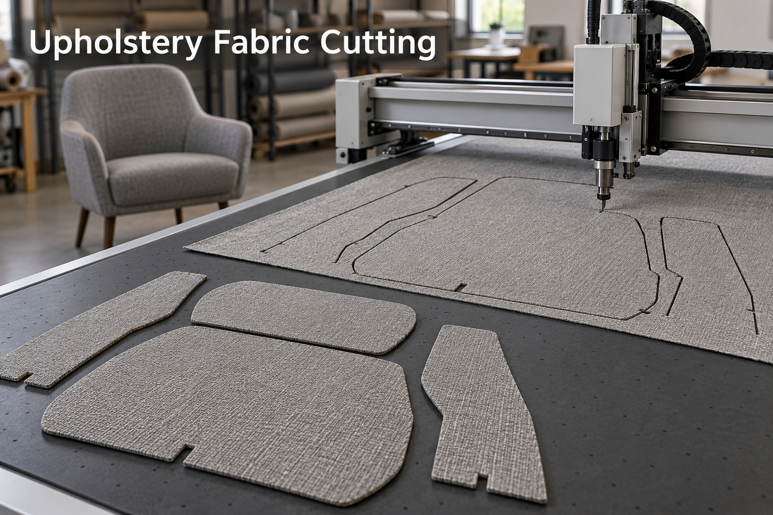 Illustration of gray upholstery fabric cut into furniture cover panels on a digital flatbed cutting table.