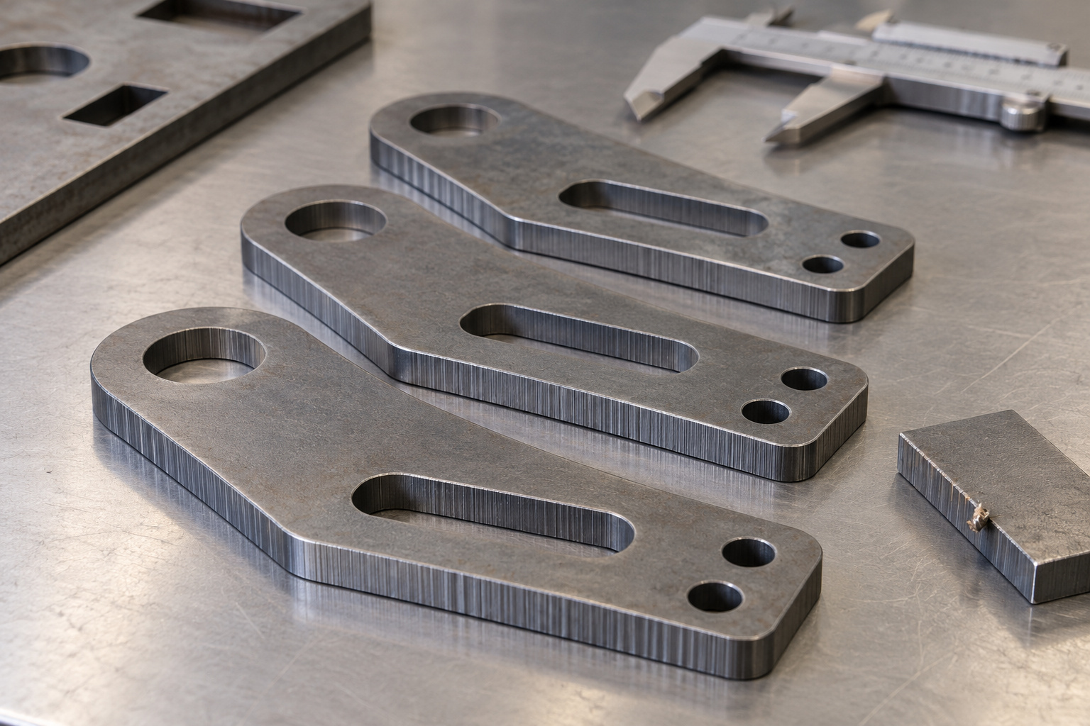Laser-cut metal bracket blanks showing cut edges, slots, and mounting holes