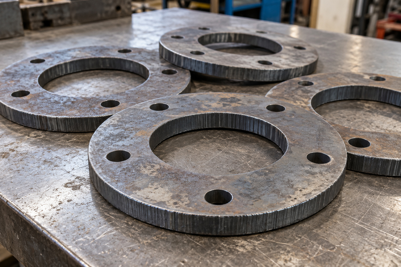 Plasma-cut steel flange blanks with central openings and bolt holes