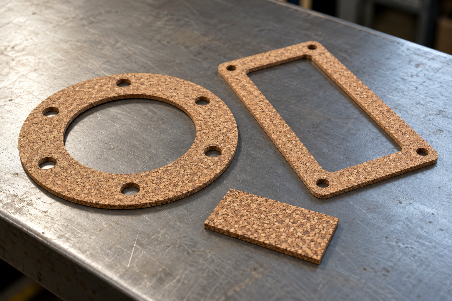Cork-rubber ring and rectangular frame gaskets with bolt holes and a matching sheet sample.
