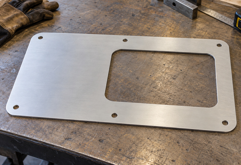 Flat aluminum access panel blank with a large opening and perimeter mounting holes