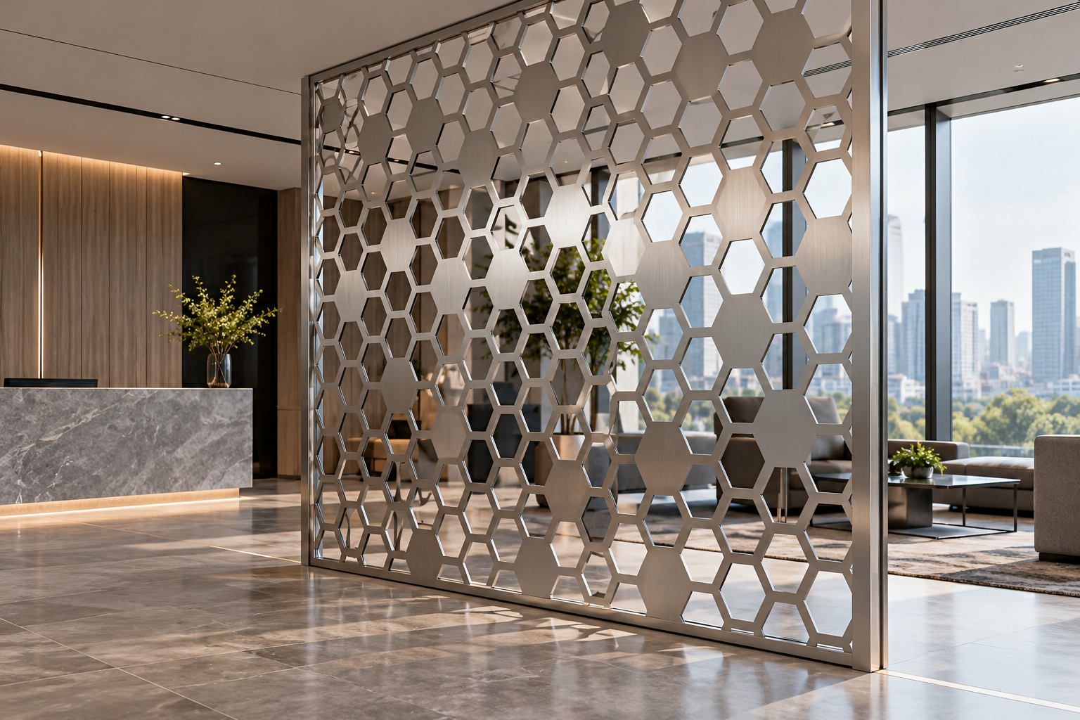 Laser-cut stainless steel partition with geometric openings in a modern lobby
