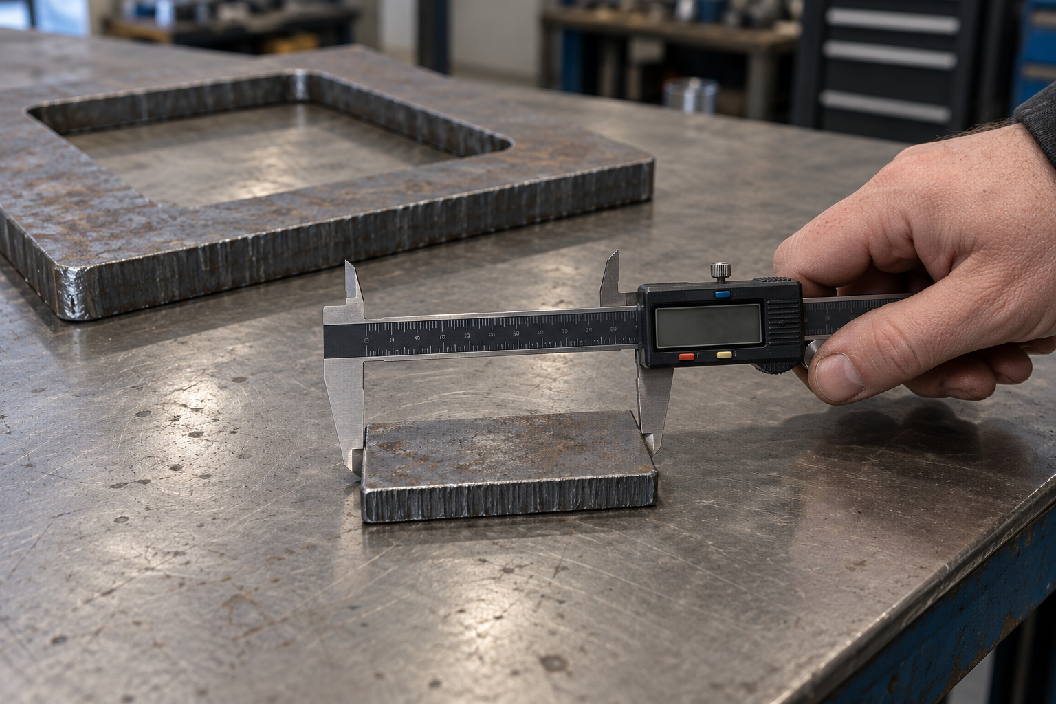 Digital caliper measuring a rectangular plasma-cut steel test piece