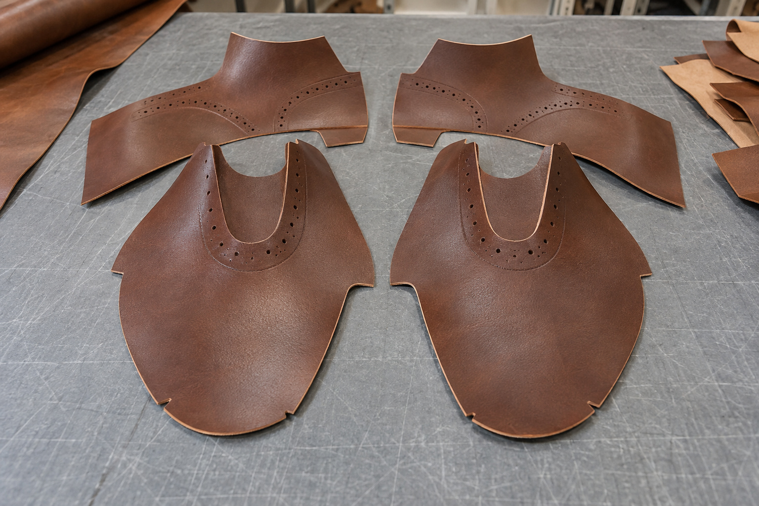 Mirrored brown leather shoe upper pattern pieces arranged on a grey cutting table