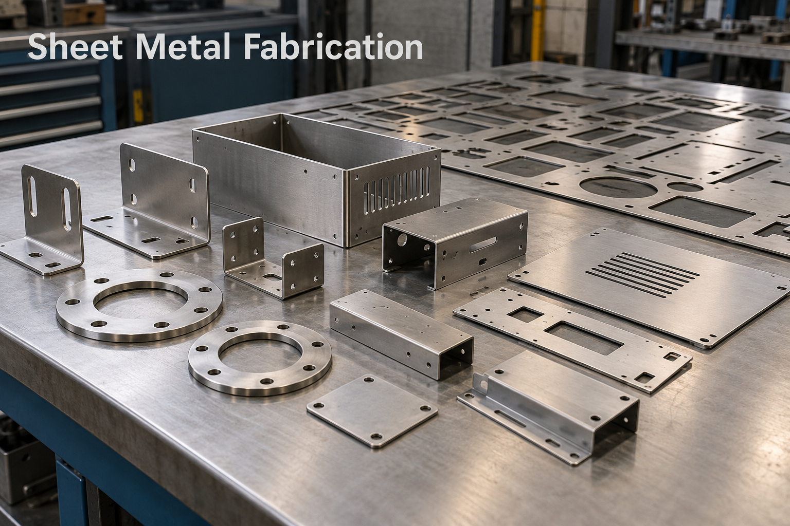 Illustration of metal brackets, flange plates, and enclosure components made from laser-cut sheet metal with additional forming where required