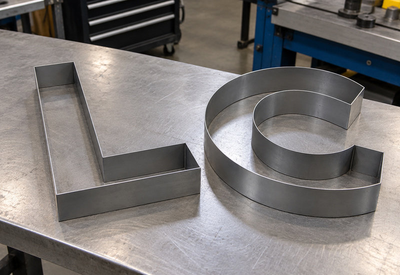 L-shaped and C-shaped steel channel letter returns before face and back assembly