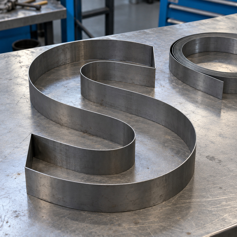 S-shaped steel channel letter return beside a coil of metal strip on a fabrication bench