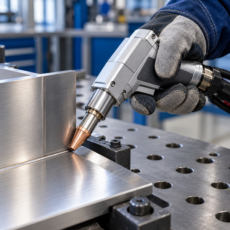 Handheld laser welding torch beside a welded stainless steel enclosure on a fabrication table