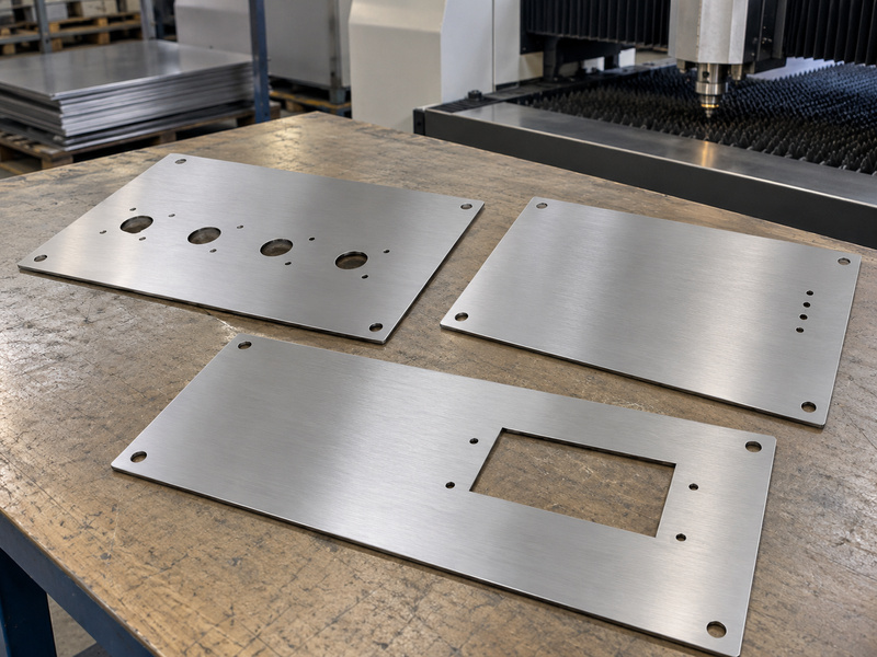 Flat stainless steel cabinet panels with mounting holes and an instrument opening