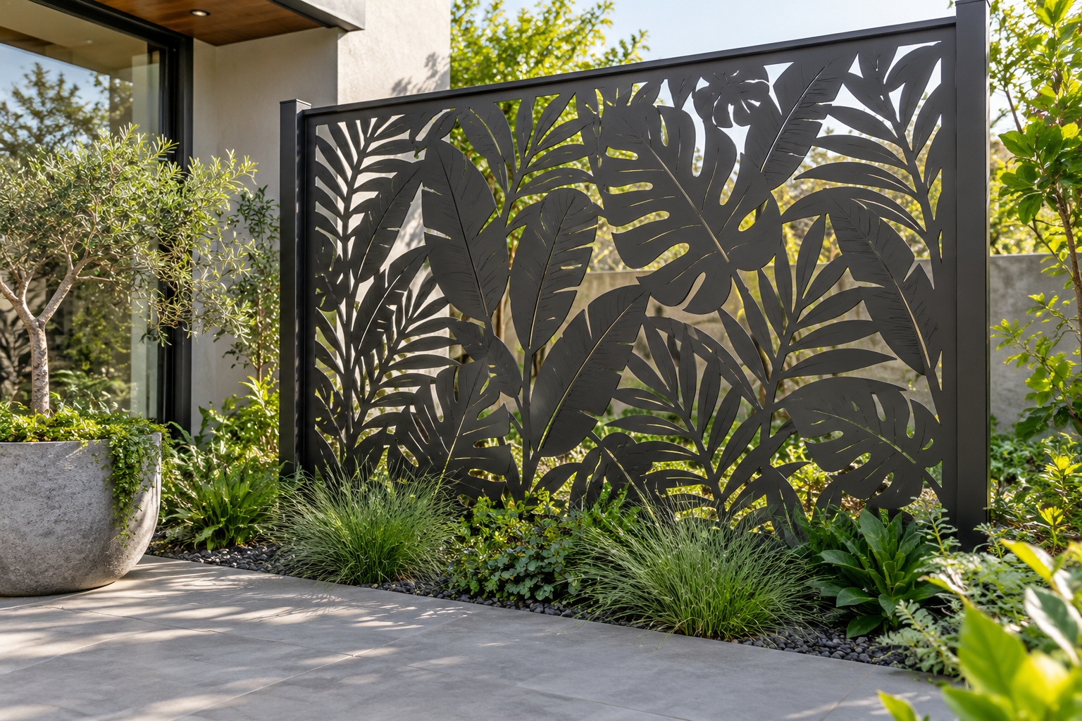 Decorative steel privacy screen with leaf-shaped cutouts in a courtyard