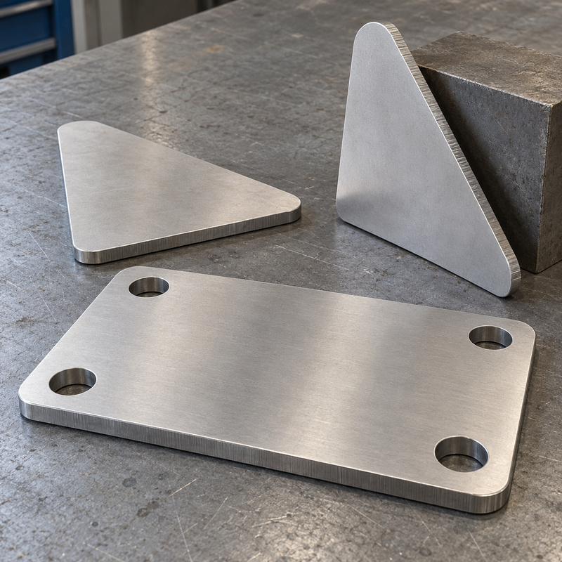 Stainless steel base plate and triangular gusset blanks prepared for equipment fabrication.